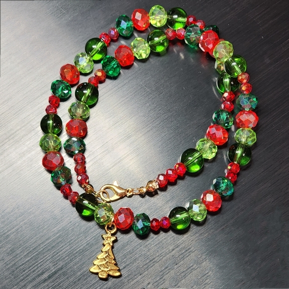 Christmas Tree Holiday Choker Necklace Crystal Beaded Gold Charm Handmade - Picture 3 of 4